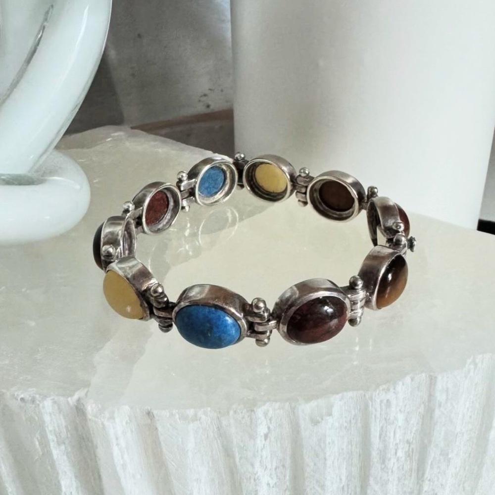 Vintage Yellow and Red Tigers Eye, Denim Lapis & Moonstone Bracelet